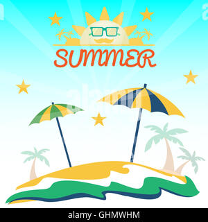Sommercard-Urlaub mit Strand, Sonne mit Brille, Palmen und Sonnenschirmen. Digitale Vektor-Bild Stockfoto