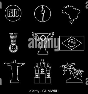 Rio, Goldmedaille, brennende Fackel und Brasilien flag Icons in Grundzügen über schwarzem Hintergrund gesetzt. Digitale Vektorgrafik. Stockfoto