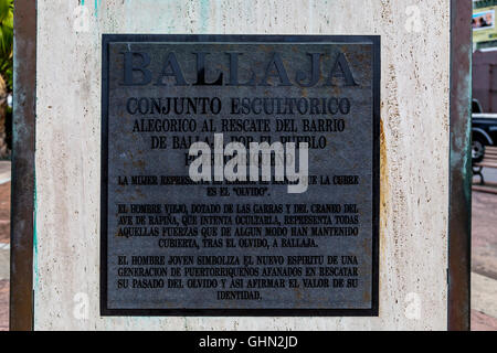 Ballaja Bronze-Skulptur-Gedenktafel in Old San Juan, Puerto Rico Stockfoto