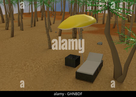3D-Rendering des low-Poly Sonnenbank und gelb Sonnenschirm am Strand Stockfoto