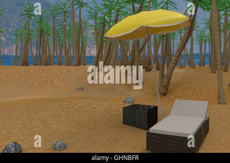 3D-Rendering des low-Poly Sonnenbank und gelb Sonnenschirm am Strand Stockfoto