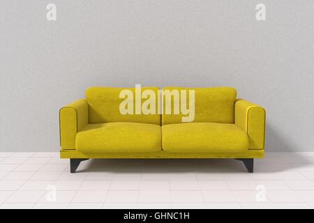 3D-Rendering des gelben Sofa im weißen einfachen Zimmer Stockfoto