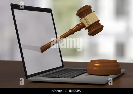3D-Rendering des goldenen Richterhammer kam am laptop Stockfoto