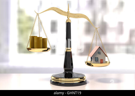3D-Rendering des klassischen Waage der Gerechtigkeit mit Stapeln von Münzen und ein Haus Inbalance Skala Stockfoto