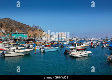 Überfüllte Moorings während der Sommerferien in den Hafen von Avalon, Catalina Island, Kalifornien. Stockfoto