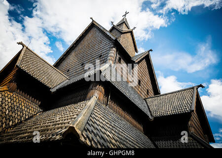 Nahaufnahme von Eidsborg hölzerne Stabkirche Kirche in Telemark, Norwegen Stockfoto