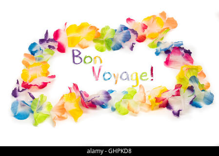 Bunte Hawaii Blume Halskette mit Text Bon Vogage Stockfoto