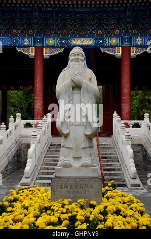 Statue der chinesische Philosoph Konfuzius auf einem Podest und umgeben von gelben Blüten Peking China Stockfoto