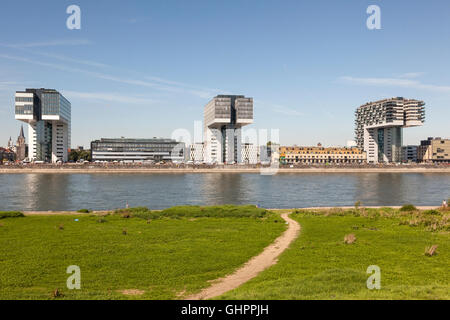 Kran-Häuser (deutsche Kranhaus) am Rhein in Köln vom gegenüberliegenden Ufer aus gesehen Stockfoto