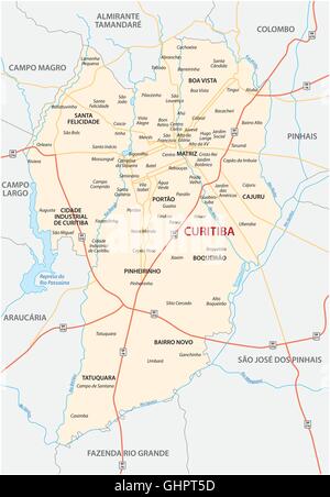 Fahrplan der brasilianischen Stadt Curitiba mit allen Bezirken und Stadtteilen Stock Vektor