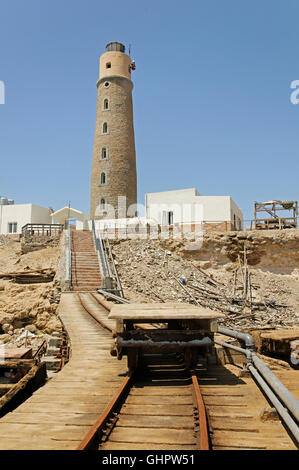 Bahn-Waggon und Leuchtturm aus dem Big Brother Island, Brother Islands, Brüder, Rotes Meer, Ägypten, Afrika Stockfoto