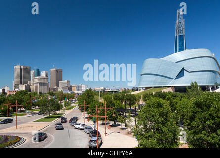 Die Skyline der Stadt von The Forks in Winnipeg, Manitoba, Kanada. Stockfoto