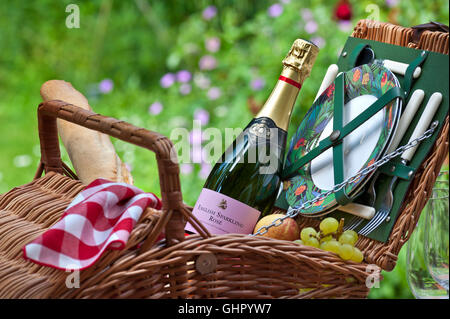 Englischer Sparkling Rosé Weinflasche Weidengeflecht Picknickkorb Korb Korb mit Baguette Trauben Obst etc. Sonniger Frühling Sommer im Freien florale britische Gartensituation Stockfoto