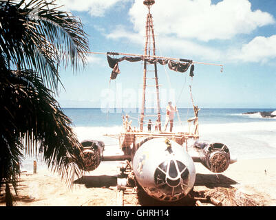 BRUCHLANDUNG IM PARADIES - Flugkapitän Noah (ELLIOTT GOULD) Glaubt Wohl aus seit Flugzeugwrack Einen Katamaran Basteln Zu Können, Oder wie Nimmt er Ihn als Schutzbunker Vor Den Zwei Japanern, sterben Nicht Mitbekommen Haben, Daß der Zweite Weltkrieg Schon Vorbei ist. Regie: Charles Jarrott aka. Der letzte Flug von der Arche Noah Stockfoto