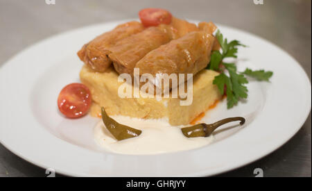 Blätter, Tomate, Restaurant, Pfeffer, Beschichtung, Essen, Sahne, Fleisch, Kohl, Polenta, Platte, gefüllt, der, gehackt, Stockfoto