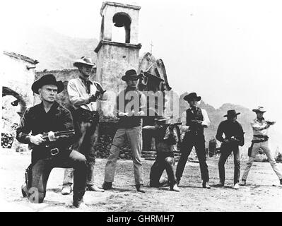 Sterben die Glorreichen Sieben Yul Brynner, Steve McQueen, Horst Buchholz, Robert Vaughn, Charles Bronson, James Coburn, Brad Dexter Stockfoto