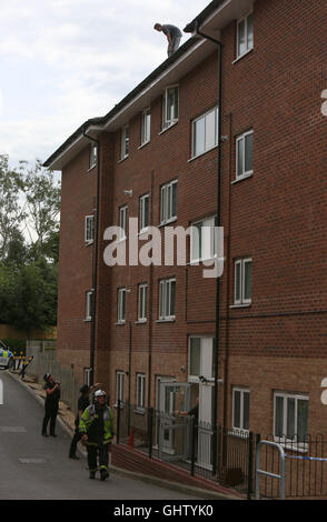 Southampton, Hampshire, UK. 11. August 2016. Ständer aus mit Mann auf Dach eine Notoperation wurde vor fast 12 Stunden, nachdem ein Mann entdeckt wurde, auf einem Dach in Southampton bewaffnet.  Notdienste wurden über Nacht seit 21:30 letzte Nacht auf der Bühne.  Polizisten aus Hampshire Polizei ist seit gestern Abend auf einem Wohnblock in der Bursledon Road, Bitterne. Ein Polizei-Kordon wurde in dem Wohnblock eingerichtet. Feuer-Crews aus Hightown Feuerwache waren aufgerufen, ihre Antenne Leiter Plattform, um die Polizei zu unterstützen. Bildnachweis: Uknip/Alamy Live-Nachrichten Stockfoto