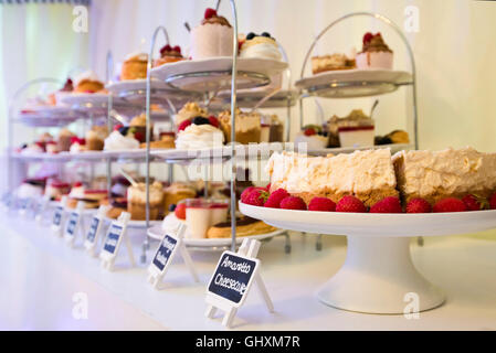 Horizontale Ansicht von Kuchen und Gebäck auf einem Tisch in einer Teestube angeordnet. Stockfoto