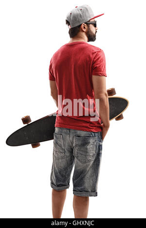 Bärtiger Mann, hält eine Longboard isoliert auf weißem Hintergrund Stockfoto