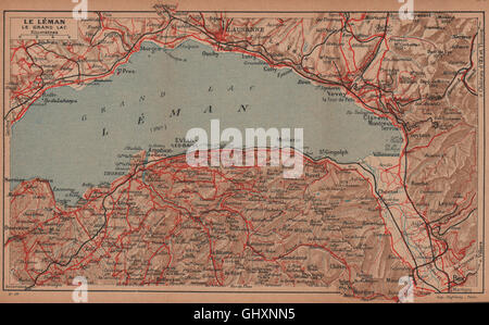 LE LÉMAN LE GRAND LAC. Genfer See Genève. Vintage Karte Plan. Der Schweiz 1920 Stockfoto