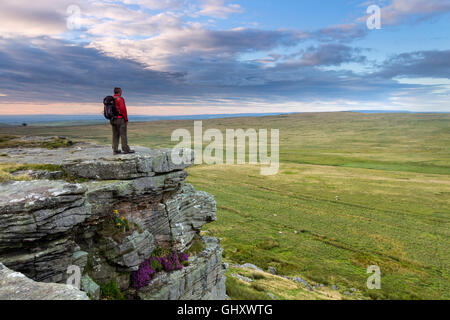 Walker, genießen den Blick über Cotherstone Moor aus Goldsborough Crag, Baldersdale, Teesdale, County Durham UK Stockfoto