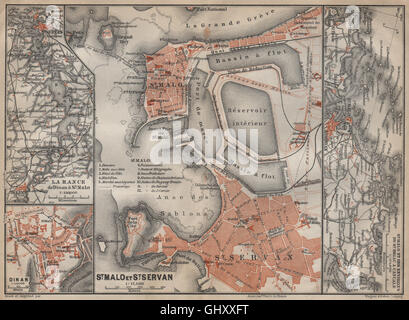 LA RANCE. Saint-MALO, St. SERVAN & DINAN Stadt Stadtpläne. Ille-et-Vilaine, 1909-Karte Stockfoto