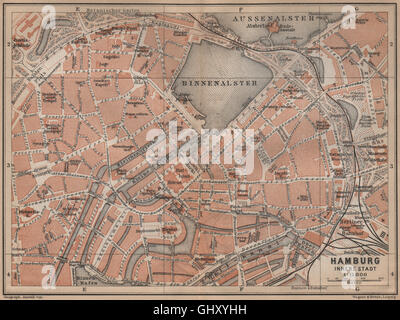 HAMBURG antike Stadt Stadtplan II. Innere Stadt. Binnenalster Karte, Karte von 1900 Stockfoto
