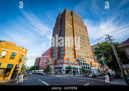 Gebäude an der Kreuzung der Grove Street und Whitney Avenue in der Innenstadt von New Haven, Connecticut. Stockfoto