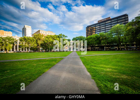 Gehwege in New Haven Green und Gebäude in der Innenstadt von New Haven, Connecticut. Stockfoto