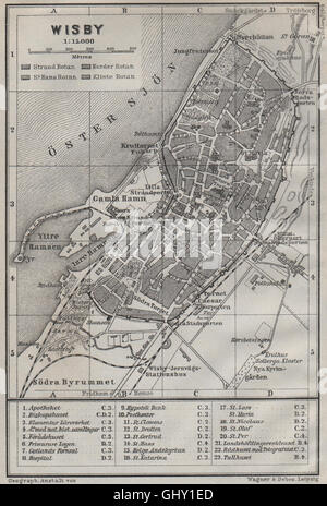 VISBY Wisby antiken Stadt Stadt Stadsplan. Schweden-Karta. BAEDEKER, 1909 alte Karte Stockfoto