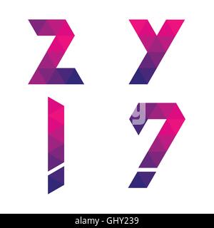 Reihe von Buchstaben y, Z, Ausrufezeichen und Fragezeichen durch farbige Dreiecke gebildet. Geometrische Form. Weißen Hintergrund. Isoliert. Stock Vektor