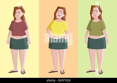 einfache Frau Charakter mit unterschiedlichen Ausdrucksformen - lustige Cartoon mit wütend, lachende, traurige weibliche Figur Stock Vektor