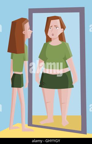 dünne Mädchen sehen in den Spiegel Fett selbst - lustige Comic-Illustration der Frauen problem Stock Vektor