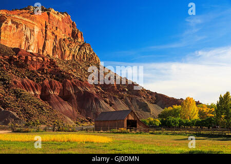 In diesem Bild sehen wir die Scheune auf dem Bauernhof Gifford im Bereich Fruita des Capitol Reef National Park, Utah. Stockfoto