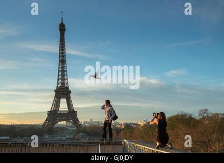 Modefotografie und Vogel auf das Palais de Chaillot mit dem Eiffelturm als Kulisse, Paris, Frankreich Stockfoto