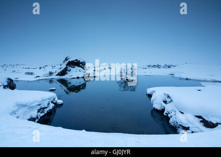 Schnee fällt am Mývatn, winter in Nord-Ost-Island Stockfoto