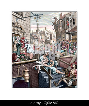 Gin Lane, Illustration aus der 1751 Stich von William Hogarth, geschliffen und gefärbt Stockfoto