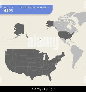 Vektorkarte von den Vereinigten Staaten von Amerika mit auch eine Minikarte der gesamten Nord- und Südamerika Kontinente mit hervorgehoben Stock Vektor