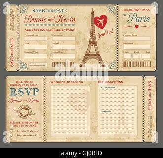 3 detail Hallo Vector Grunge Tickets für Hochzeitseinladungen und Save the Date. Jedes Ticket ist auf 4 verschiedenen Ebenen mit Text, Dez. Stock Vektor