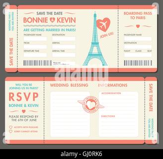 Hallo detail Vector Grunge Tickets für Hochzeitseinladungen und Save the Date in Paris. Jedes Ticket ist auf 4 verschiedenen Ebenen mit T Stock Vektor