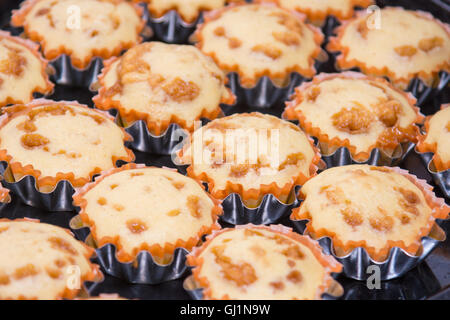 Ein Blick auf verschiedene frisch gebackene Kuchen in Metalldosen Stockfoto