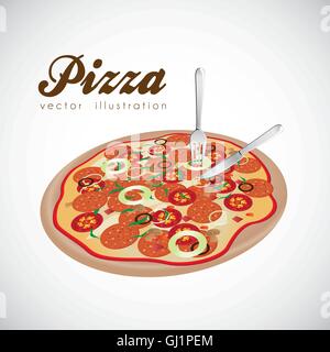 Beispiel für eine Peperoni-Pizza mit Besteck, isoliert auf weiss Stock Vektor