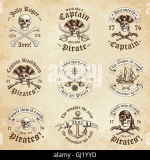 Sammlung von neun Piraten logos und Abzeichen mit einem Vintage Grunge-Look Stock Vektor