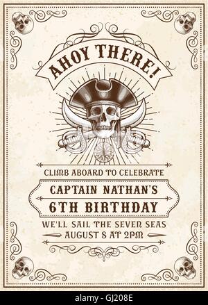 Jahrgang suchen einladen, Vorlage für eine Party oder Veranstaltung mit Tod oder Pirate theme Stock Vektor