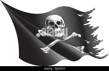 Vector Illustration eines winken und zerrissen Piratenflagge mit totenkopf und gekreuzten knochen Stock Vektor