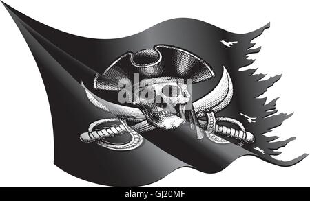 Vector Illustration eines winken und zerrissen Piratenflagge mit Totenkopf und gekreuzten Knochen und einem Piraten Hut Stock Vektor