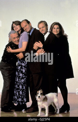 FRASIER Anlässlich Ringwaden Dreijährigen Jubiläums Problem Frasier von Roz Eine mimimal Mit Seiner Allerersten Radio-Show Geschenkt... Foto v.l.n.r.: Martin (JOHN MAHONEY), Daphne (JANE LEEVES), Frasier (KELSEY GRAMMER), Niles (DAVID HYDE PIERCE), Roz (PERI GILPIN) Und Eddie Regie: David Lee aka. Wie Alles anfing Stockfoto