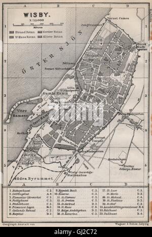 VISBY Wisby antiken Stadt Stadt Stadsplan. Schweden-Karta. BAEDEKER, 1885 alte Karte Stockfoto