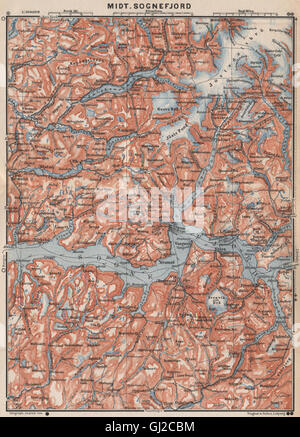 ZENTRALEN SOGNEFJORD Topo-Karte. Leikanger Sogndal. Norwegen-Kart. BAEDEKER, 1899 Stockfoto