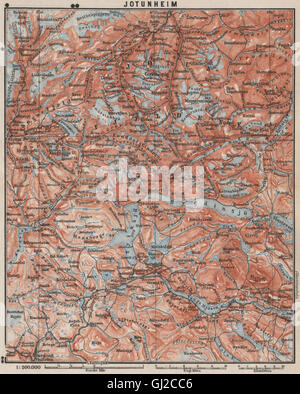 JOTUNHEIMEN Nasjonalpark Topo-Karte. Norwegen-Kart. BAEDEKER, 1899 Stockfoto